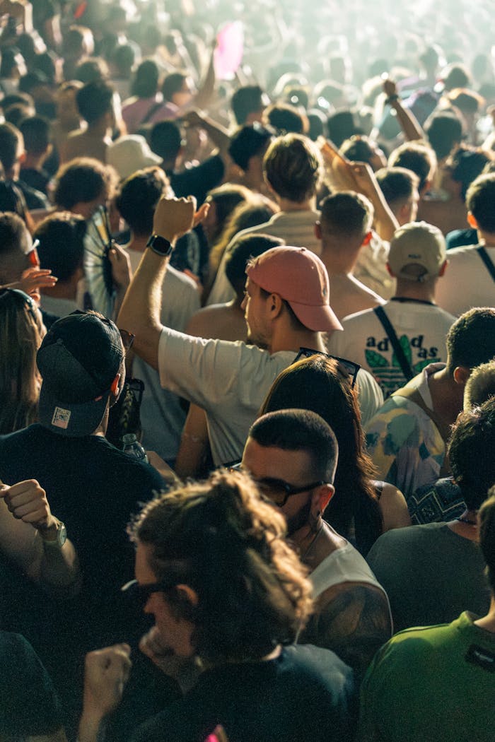 Dynamic crowd scene at an outdoor music festival, energy and excitement in the air.