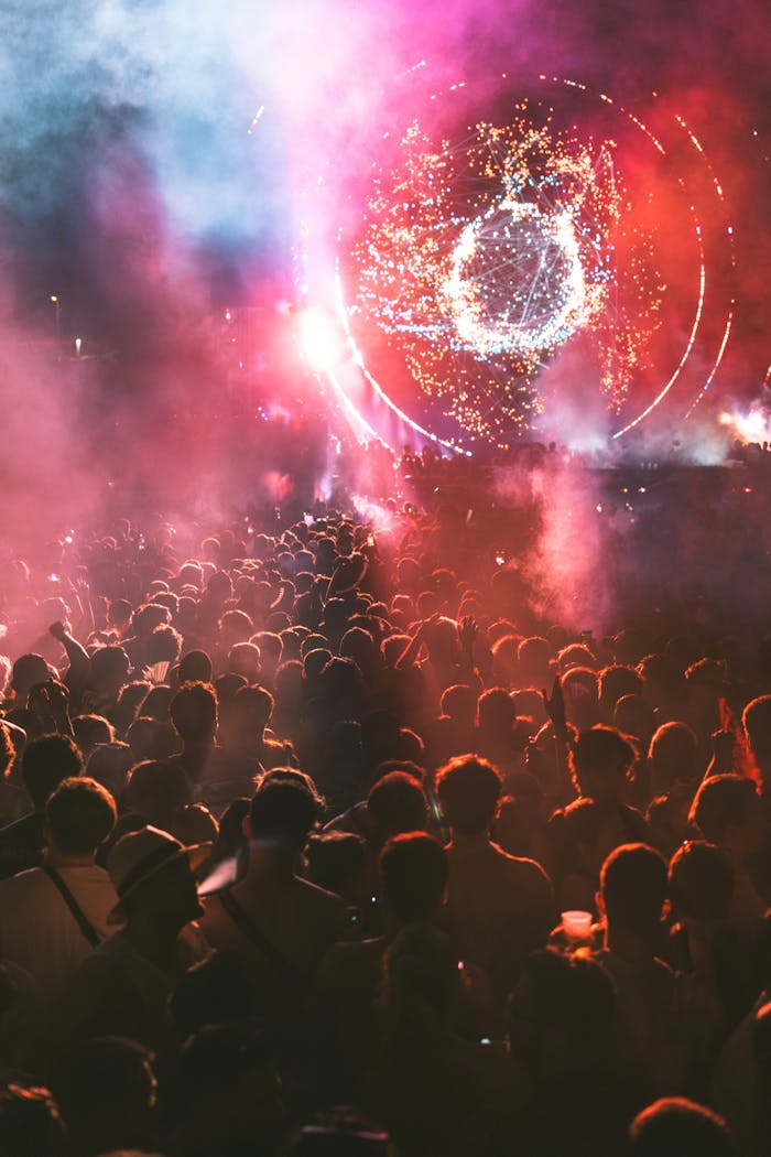 Energetic crowd at a vibrant music festival with colorful lights and fireworks.